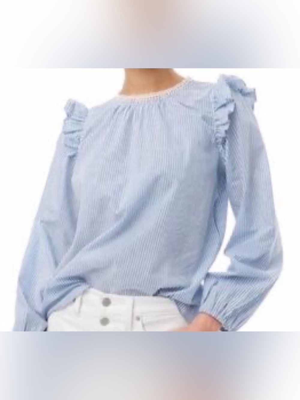 J. Crew Light Blue Pinstripe Ruffle-Shoulder 100% Cotton Blouse